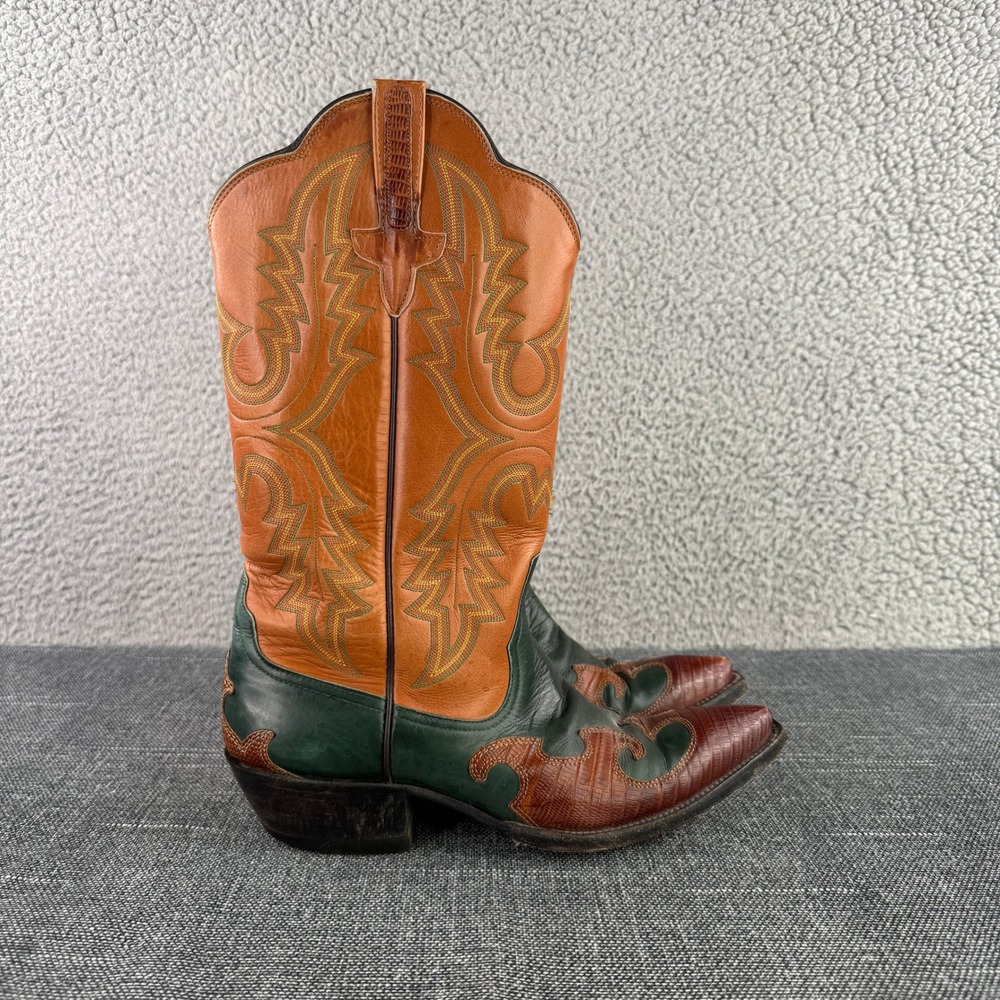 VTG Rios of Mercedes Lizard Boots Womens 7 B Green Orange Teju Exotic Western